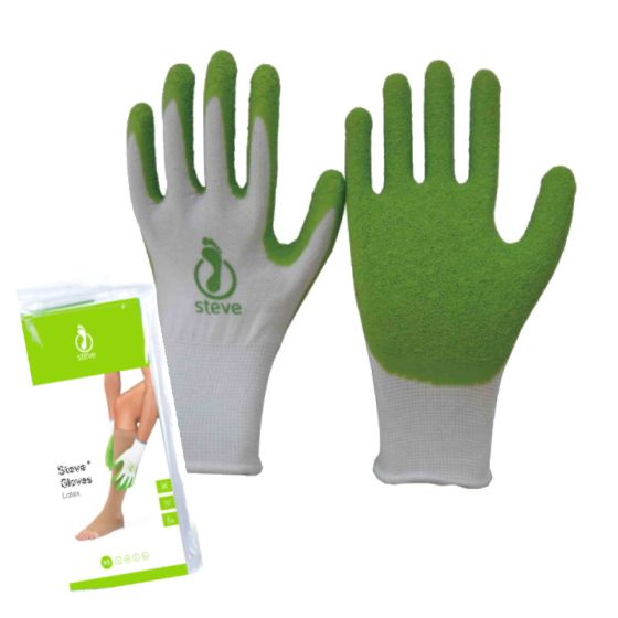 Steve Grip Handschuhe aus Latex zum Anziehen von Kompressionsstrümpfen neben der Verpackung